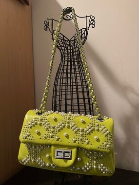 Studded Pearl-Accent Lime Shoulder Bag